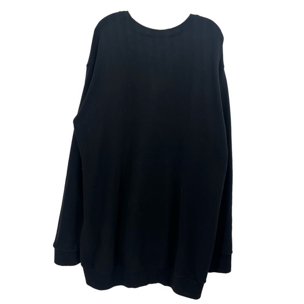 Black tunic sweater with relaxed long sleeves and crew neck; plain front