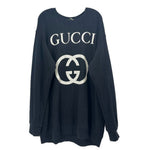 Black tunic sweater with long sleeves, crew neck, GUCCI text and GG logo print
