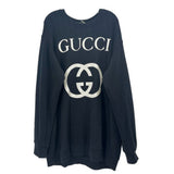 Black tunic sweater with long sleeves, crew neck, GUCCI text and GG logo print
