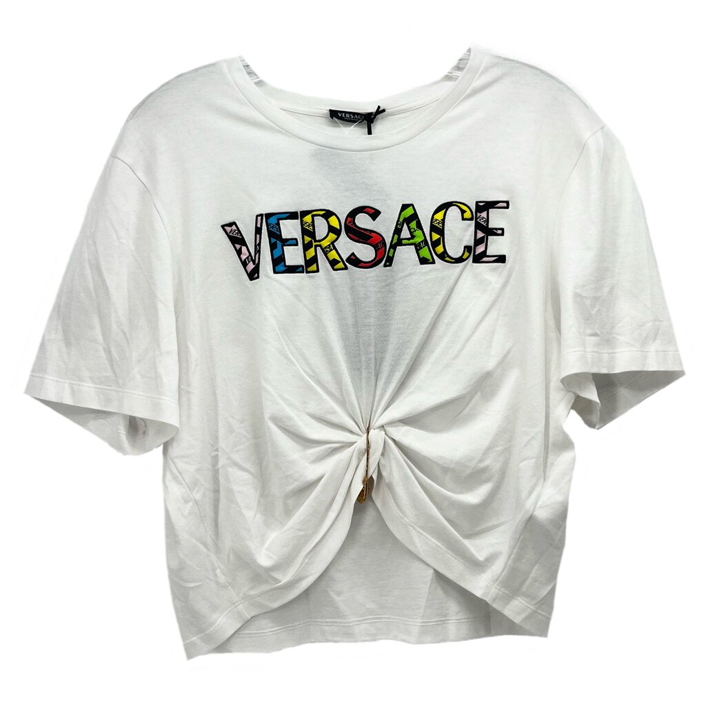 White VERSACE logo T-shirt with front knot detail