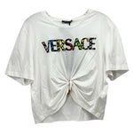 White VERSACE logo T-shirt with front knot detail
