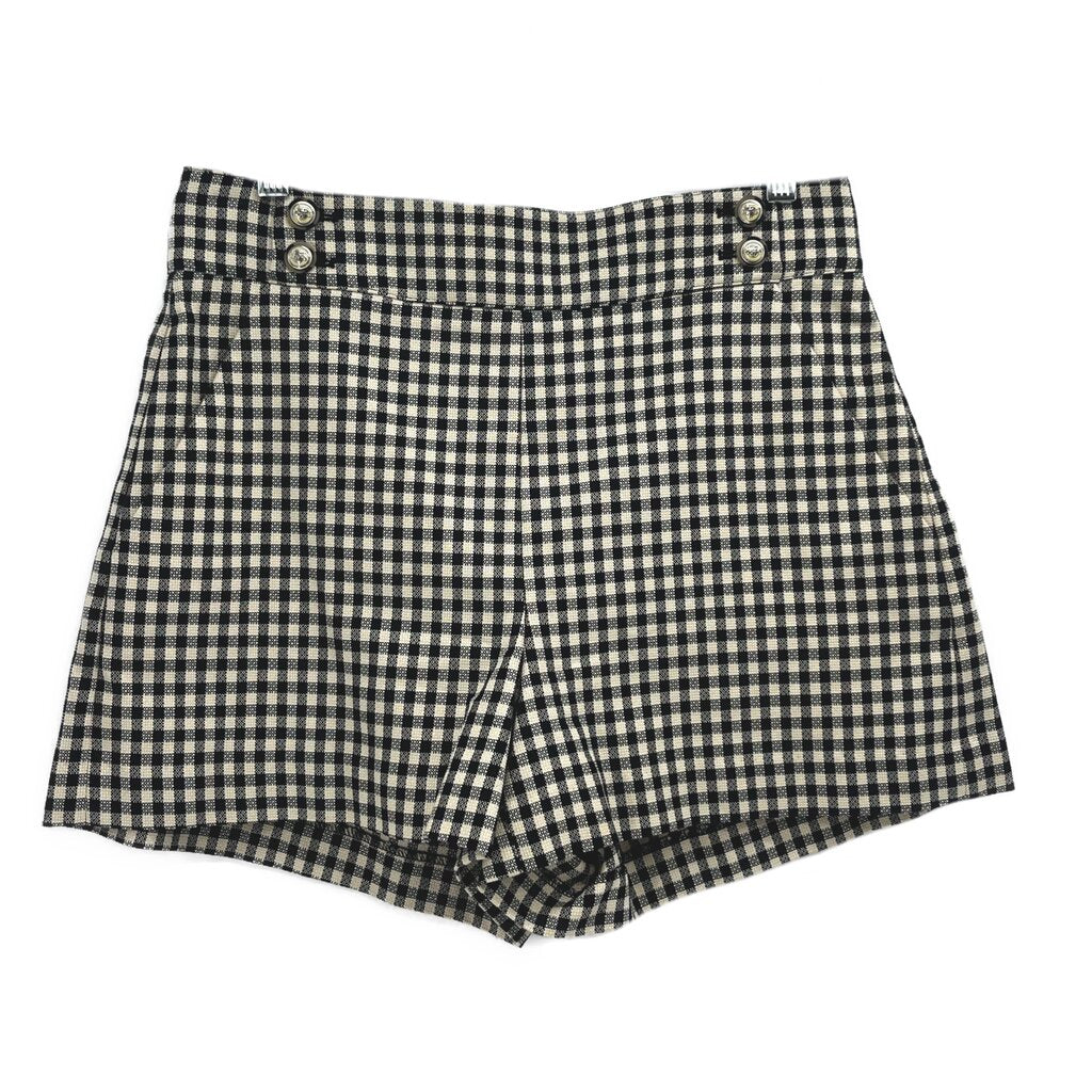 Black-and-white check shorts with front button waistband and tailored leg openings