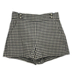 Black-and-white check shorts with front button waistband and tailored leg openings