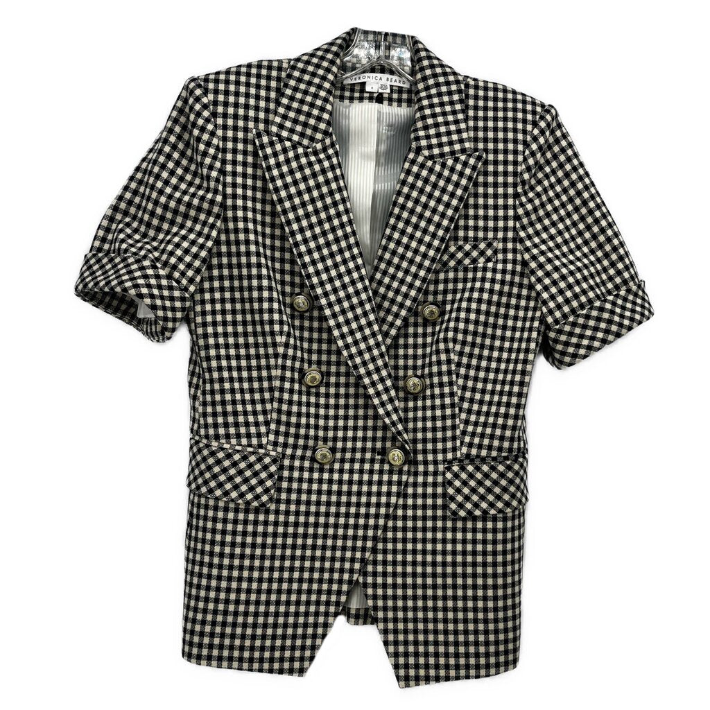 Double-breasted short-sleeve blazer with black-and-white check pattern and notch lapels
