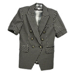 Double-breasted short-sleeve blazer with black-and-white check pattern and notch lapels