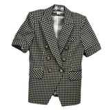 Double-breasted short-sleeve blazer with black-and-white check pattern and notch lapels