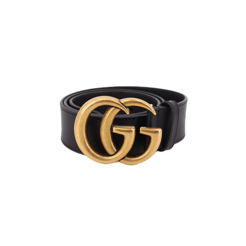 Black leather belt with gold double-G buckle front