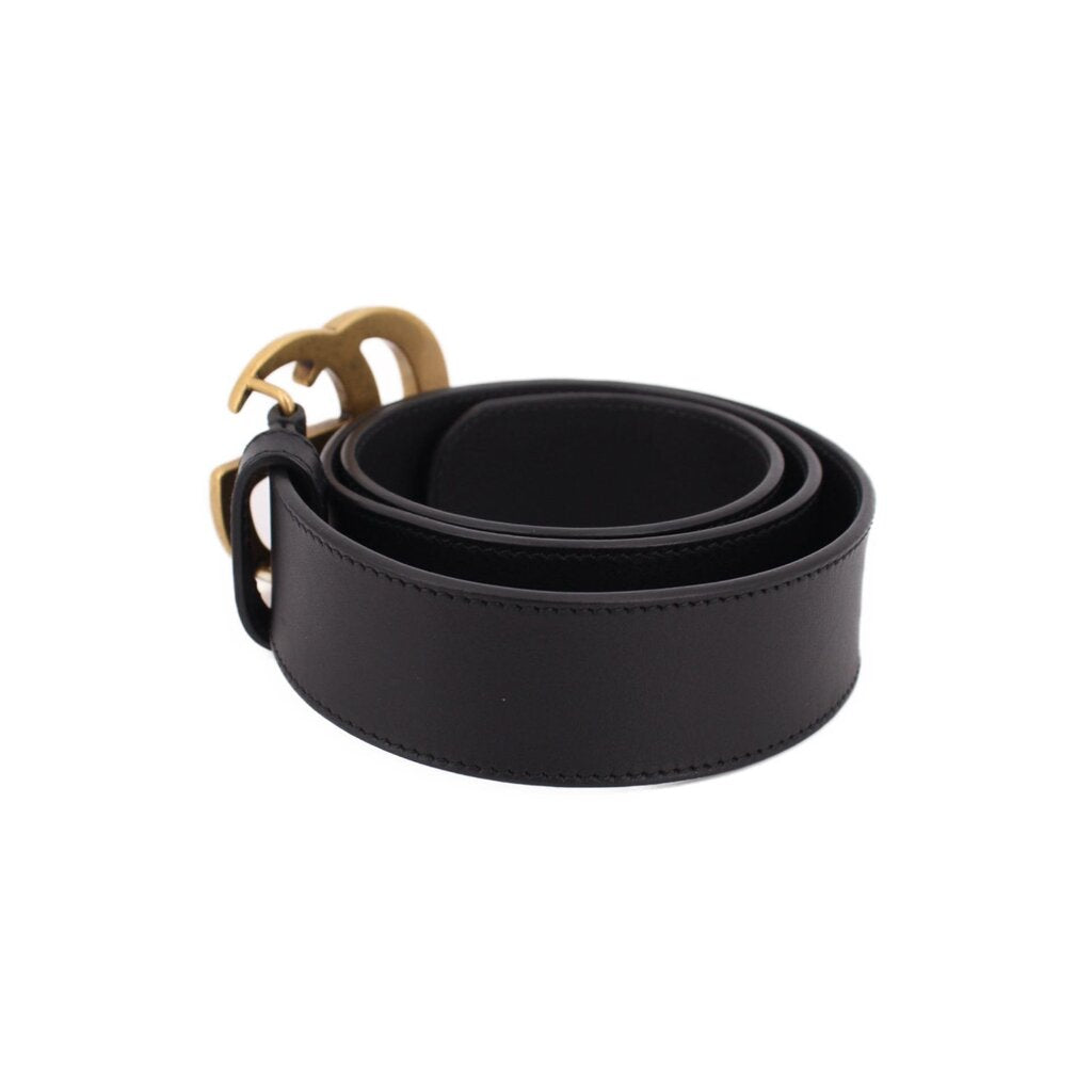 Black leather belt with gold buckle hardware, coiled display