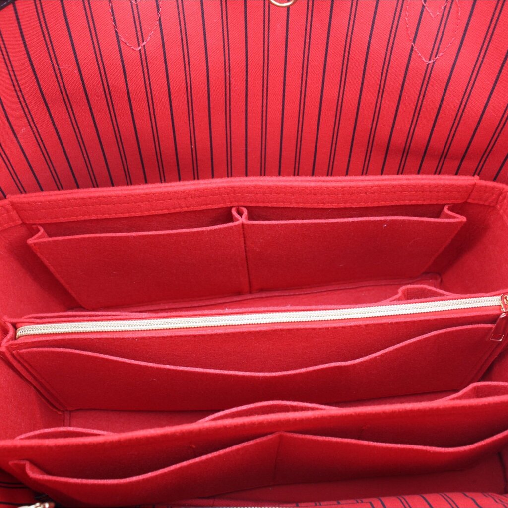 Louis Vuitton Neverfull GM tote interior, red lining with open compartments