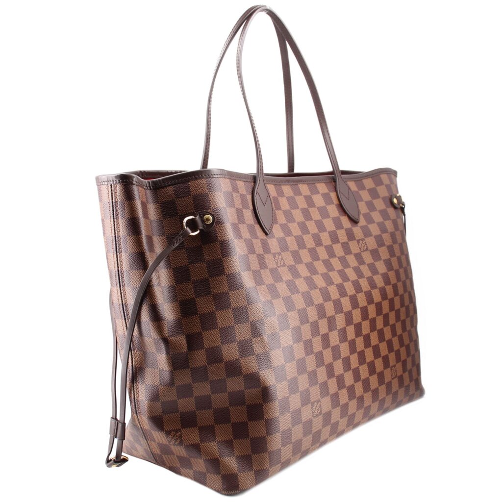 Louis Vuitton Neverfull GM tote bag, side view of Damier Ebene check canvas and handles