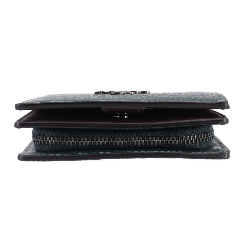 Green pebbled leather snap wallet, close side view of folded layers