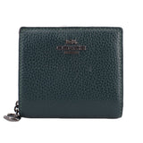 Green pebbled leather snap wallet with COACH logo and key ring