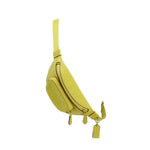 Chartreuse sling belt bag with dual zippers and hanging tag