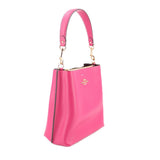 Coach Mollie bucket crossbody bag in fuchsia, structured top handle and gold hardware.
