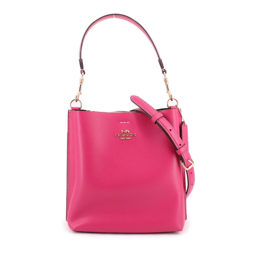 Coach Mollie bucket crossbody bag, fuchsia pebbled leather look with adjustable strap.