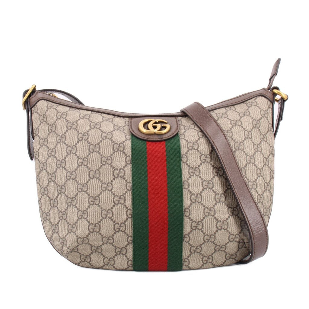 Brown GG canvas hobo shoulder bag with green-red web stripe and leather trim