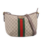 Brown GG canvas hobo shoulder bag with green-red web stripe and leather trim