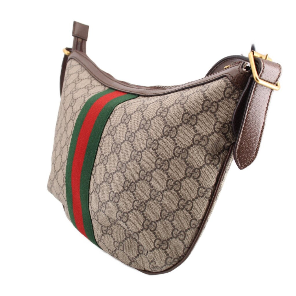 Brown GG canvas hobo shoulder bag with green-red web stripe and brown leather strap