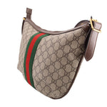 Brown GG canvas hobo shoulder bag with green-red web stripe and brown leather strap