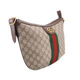 Brown GG canvas shoulder bag with green and red web stripe, leather strap and gold logo