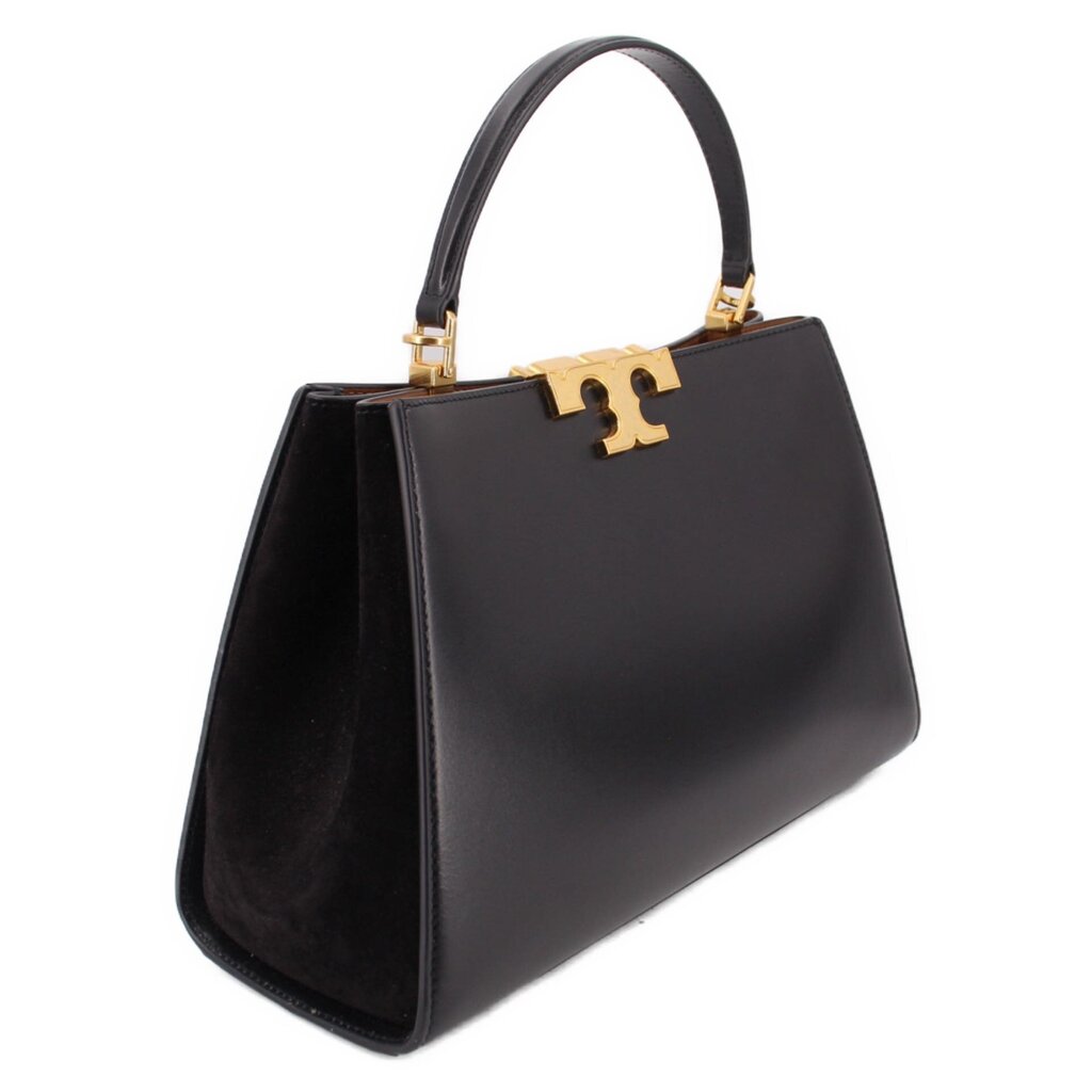 Black Tory Burch Eleanor satchel angled view with gold logo clasp and handle