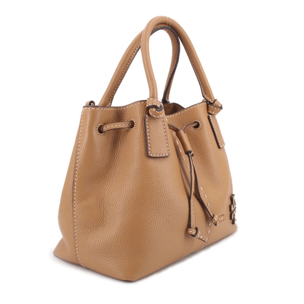 Tan leather drawstring satchel bag with side drawcord ties and top handles