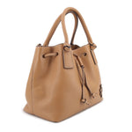 Tan leather drawstring satchel bag with side drawcord ties and top handles