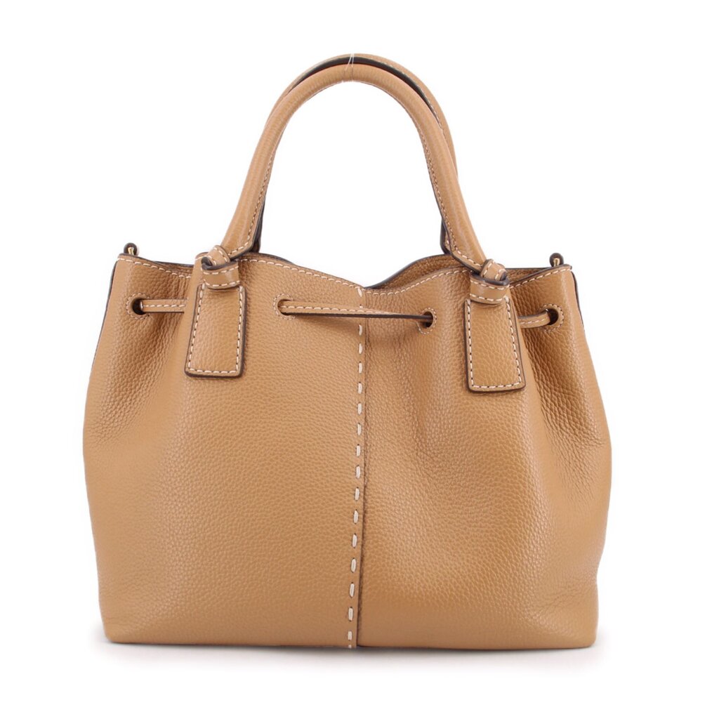 Tan leather drawstring satchel bag with front pocket panel and top handles
