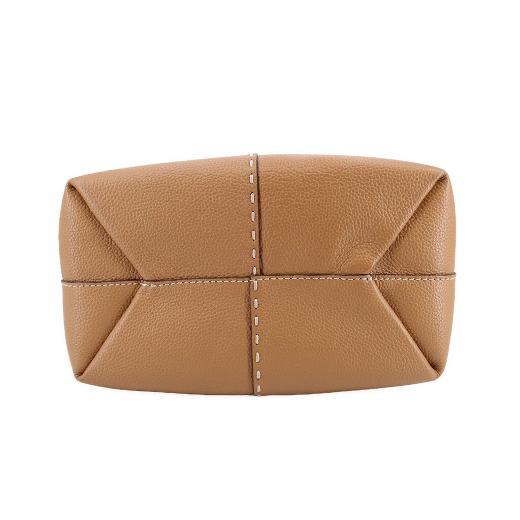 Tan leather drawstring satchel with foldover top and central vertical stitching