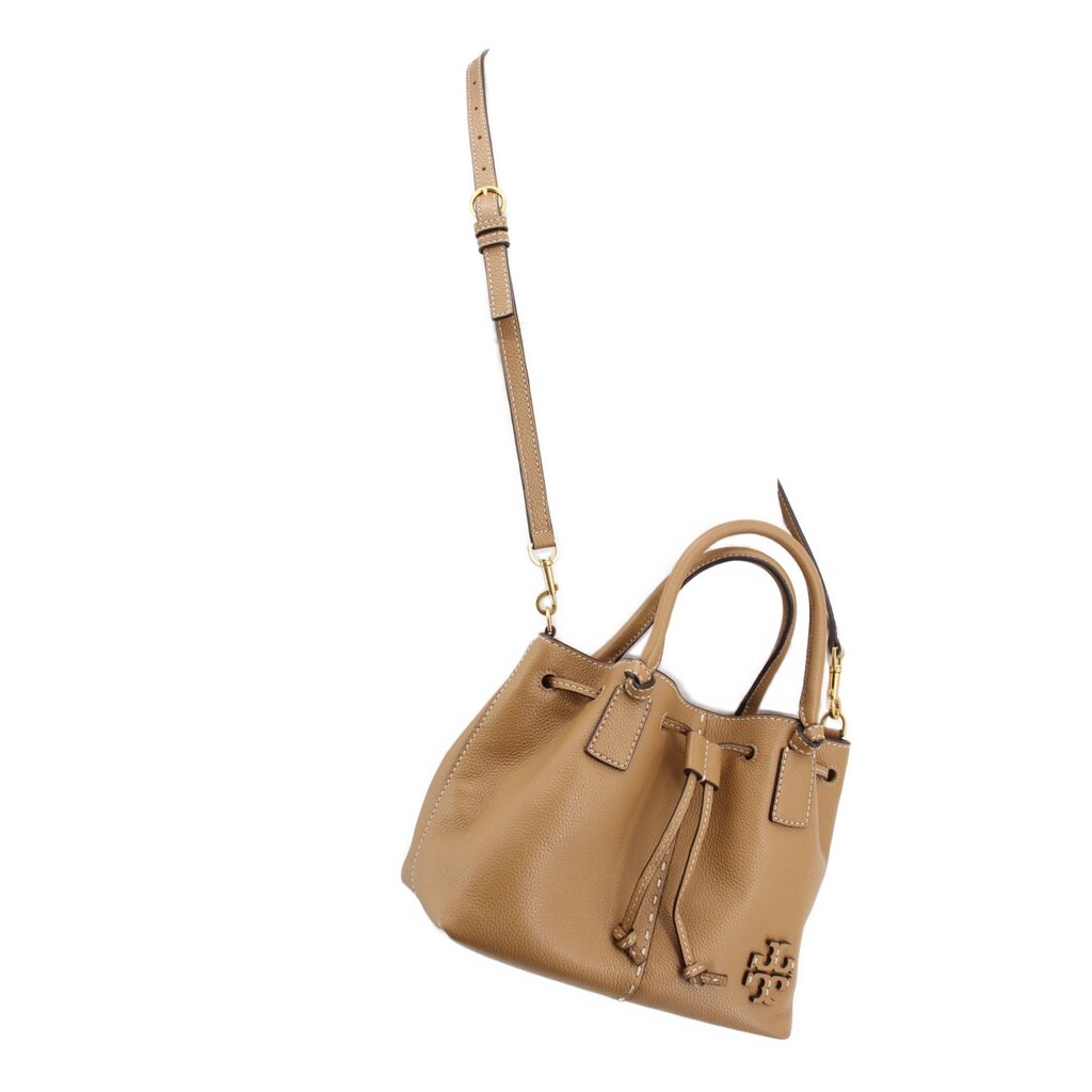 Tan leather satchel with long adjustable strap and drawstring closure