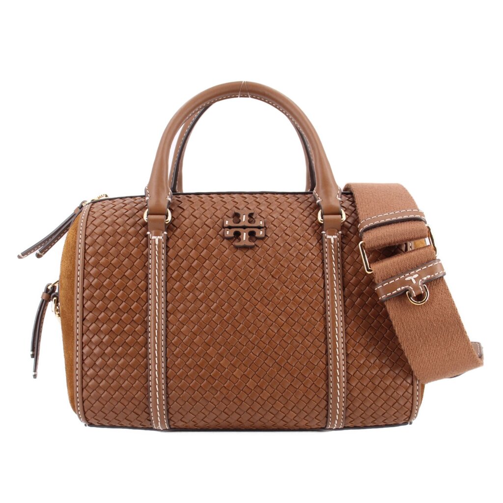 Brown woven leather satchel with top handles, crossbody strap, and gold-tone hardware.