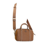 Brown woven satchel with detachable shoulder strap and small logo charm.