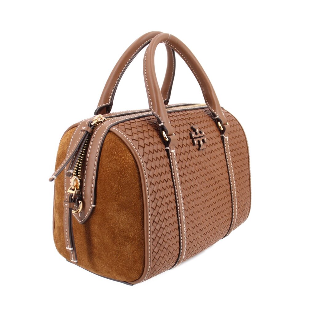 Brown woven mini satchel with top handles, front logo plaque, and crossbody strap.