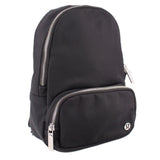 Black mini sling backpack with front zip pocket and silver-tone zipper pulls