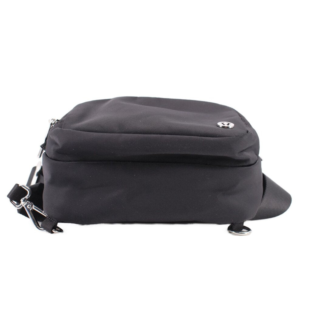 Black sling bag with top zip closure and adjustable shoulder strap
