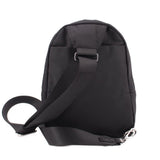 Black sling bag with adjustable shoulder strap and front top handle tab