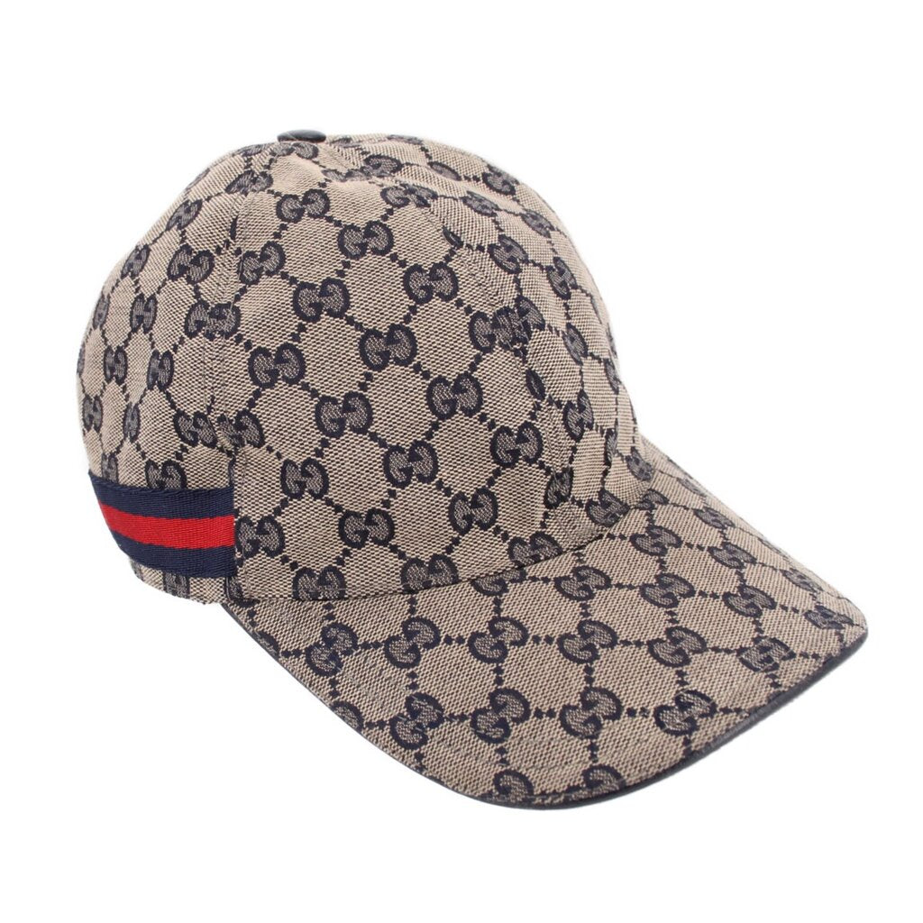 GG monogram baseball cap in beige canvas with navy bill and web stripe detail