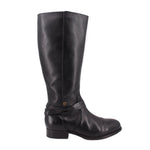 Black leather tall boots with wrap strap and metal buckle at side
