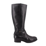 Black leather tall boots with wrap strap and metal buckle at side
