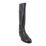 Black leather tall belted boots with buckle detail near shaft