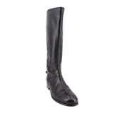 Black leather tall belted boots with buckle detail near shaft