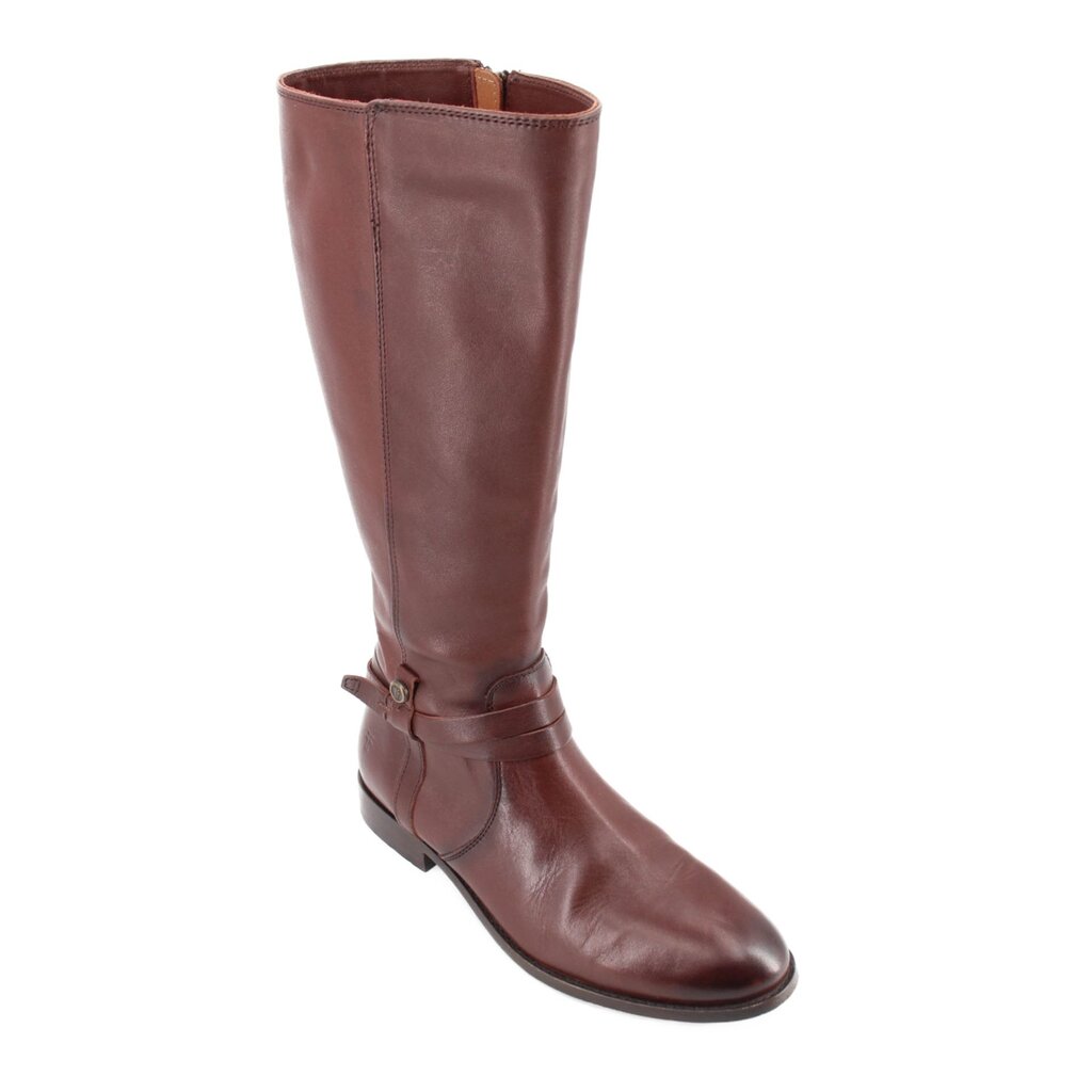 Brown leather knee-high boots with side seam and buckle strap detail