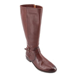 Brown leather knee-high boots with side seam and buckle strap detail