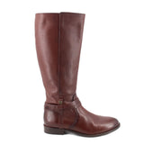 Brown leather knee-high boots with front buckle strap and stacked heel