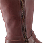 Brown leather boot upper with exposed zipper and stitched panel