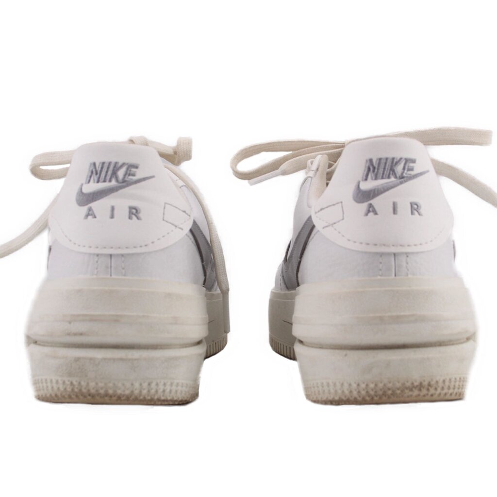 NIKE Air Force 1 PLT.AF.ORM sneakers, white leather, heel view with 'NIKE Air' text