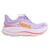 Purple running sneakers with HOKA logo, orange accent midsole