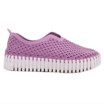 Purple lace-free platform sneaker with scallop perforation pattern and white rubber sole