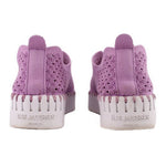 Back view of purple platform sneakers with perforated upper, fringe trim, and ILSE JACOBSEN