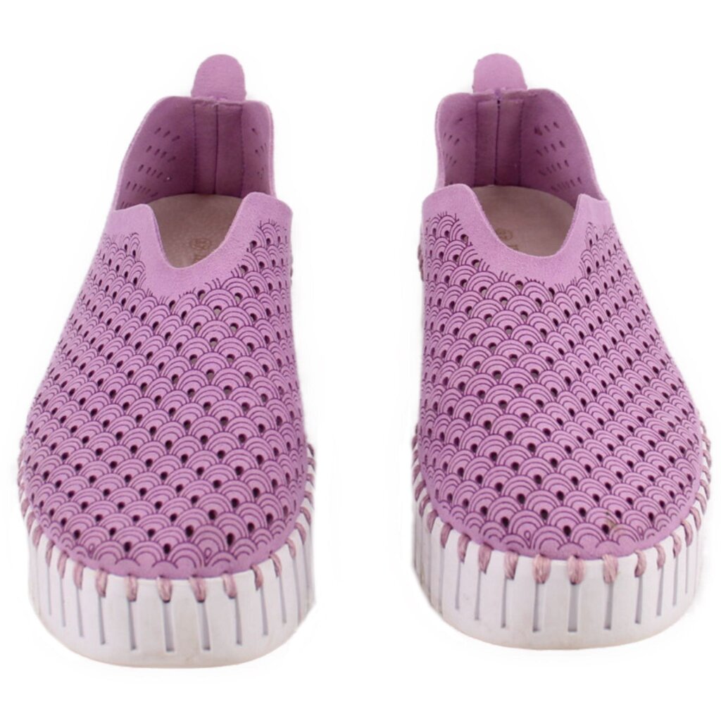 Pair of purple perforated platform sneakers with scallop pattern and white tread sole